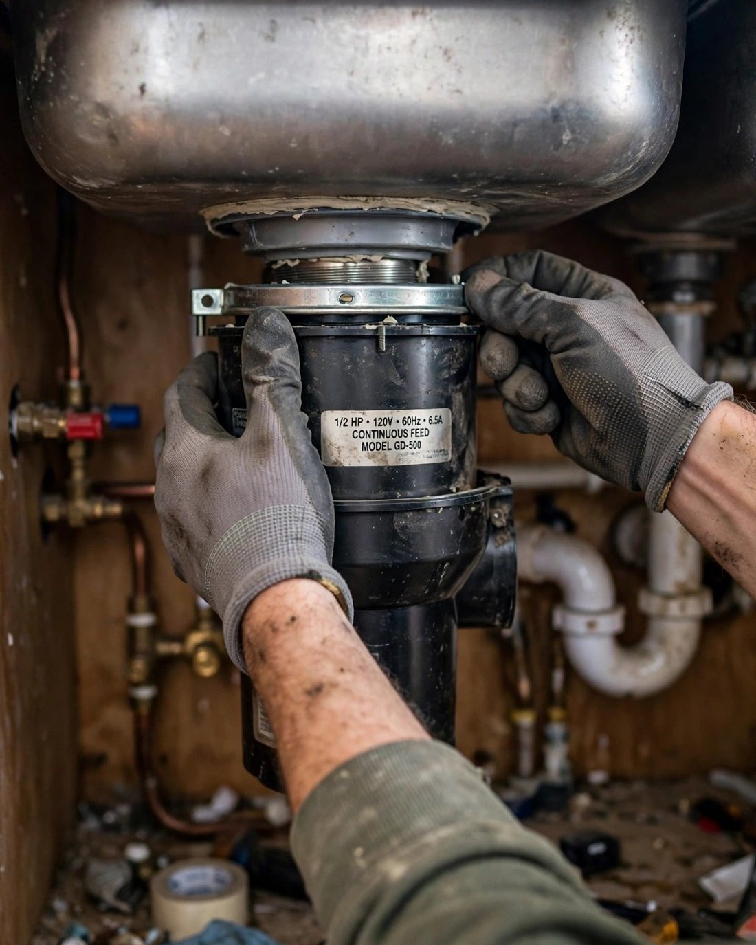Garbage disposal being installed under a kitchen sink